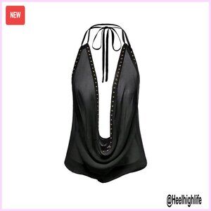 Sheer Mesh Halter Top Cowl Neck Backless Party Rave Going Out Top